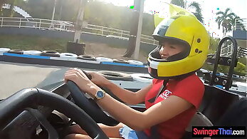Bush-leaguer Thai girlfriend teen fun at go karts and gets fucked afterwards